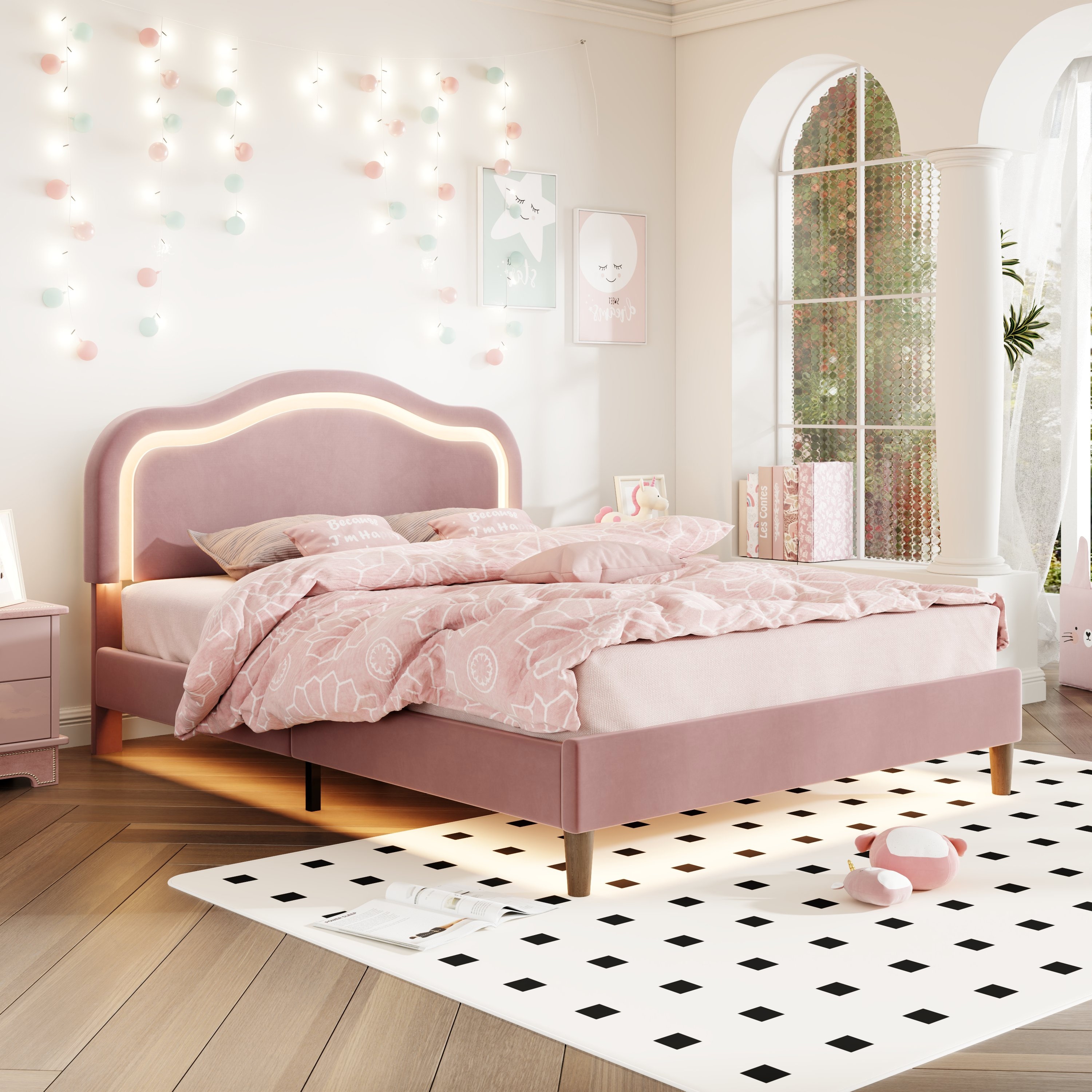 Queen LED Bed Frame with Adjustable Height Pink Headboard Cloud Design Velvet Upholstered Platform Bed No Box Spring Needed Bed Bath Beyond 41482205
