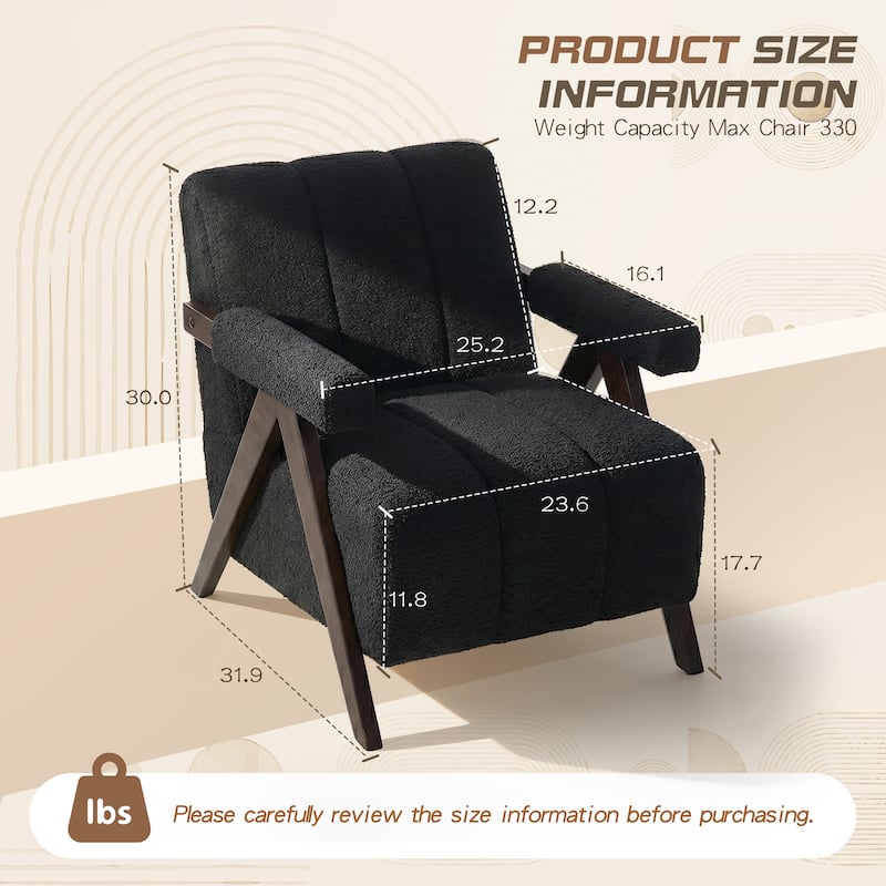 Mid Century Modern Accent Chair, Solid Wood Upholstered Armchair with Wide Backrest and Thick Cushion