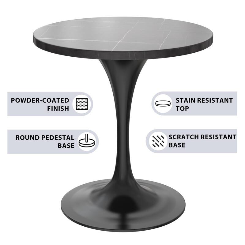 LeisureMod Verve 27" Round Dining Table with Sintered Stone TableTop and Black Steel Base for Kitchen & Dining Room - 27.56