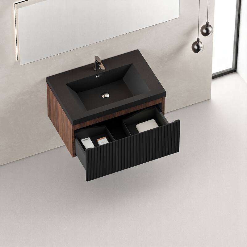 24''/30''/36''/42'' Floating Vanity,Smoked Walnut Storage Cabinet with Soft-Close Drawers,Black Quartz Sand Sink,Wall-Mounted