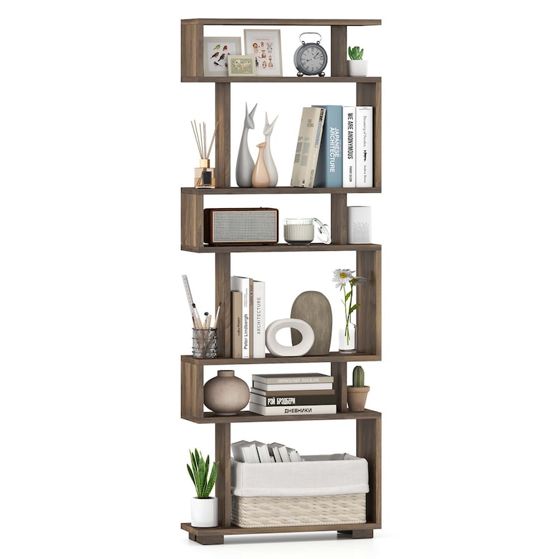1/2 PCS 6 Tier Geometric Bookcase 64" Tall S-Shaped Bookshelf - Walnut - 1 pcs