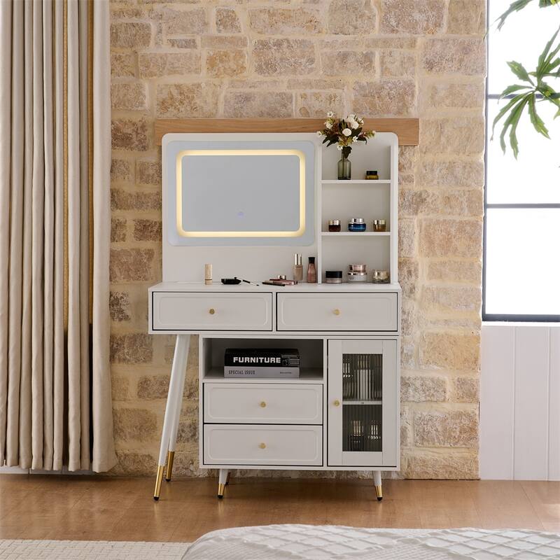 Makeup Vanity Desk with Mirror and Lights,Retractable Dressing Table - White