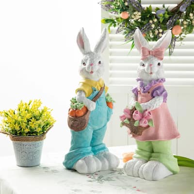 Glitzhome 17.5"H Easter Resin Bunny Girl with Flower Basket Boy with Carrot Table Decor