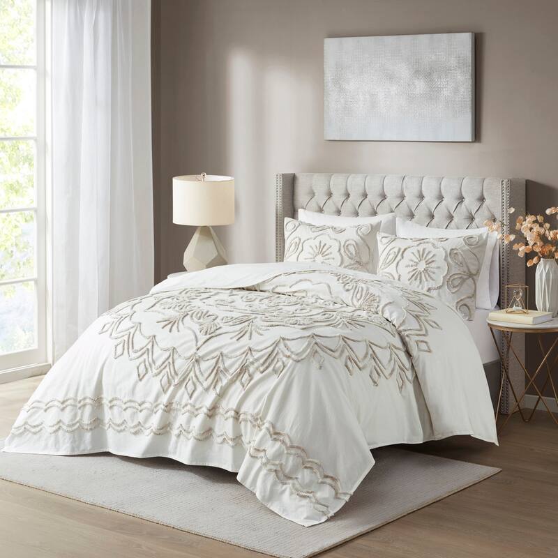 3 Piece Tufted Cotton Chenille Coverlet Set Ivory/Taupe Full/Queen - Ivory+Taupe