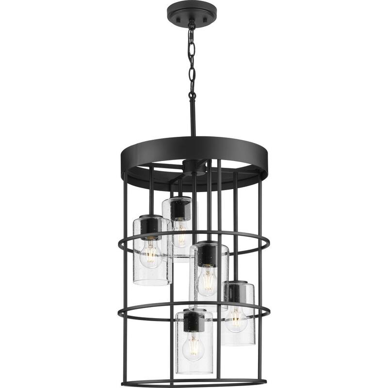 Burgess Collection Five-Light Matte Black Modern Farmhouse Hall & Foyer Light - 15.5 in x 15.5 in x 23.62 in