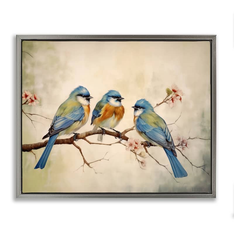 Stupell Bird Trio on Branch Framed Floater Canvas Wall Art Design By Arlington Prints - 31 x 25 - Grey
