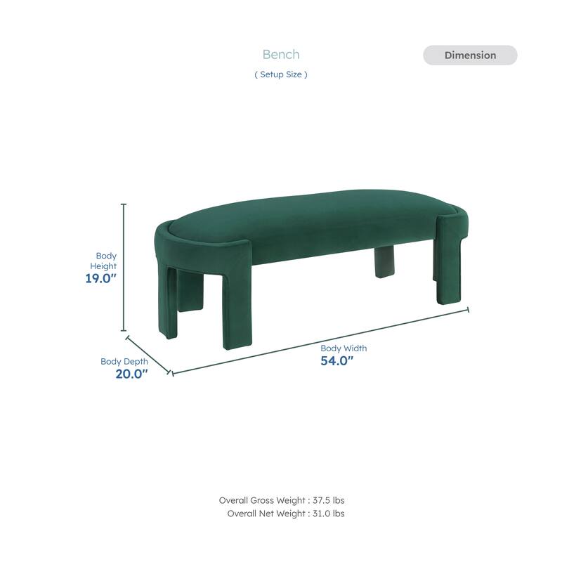 Revere 54" Velvet Upholstered Bench - High-Density Foam Cushioned Seat