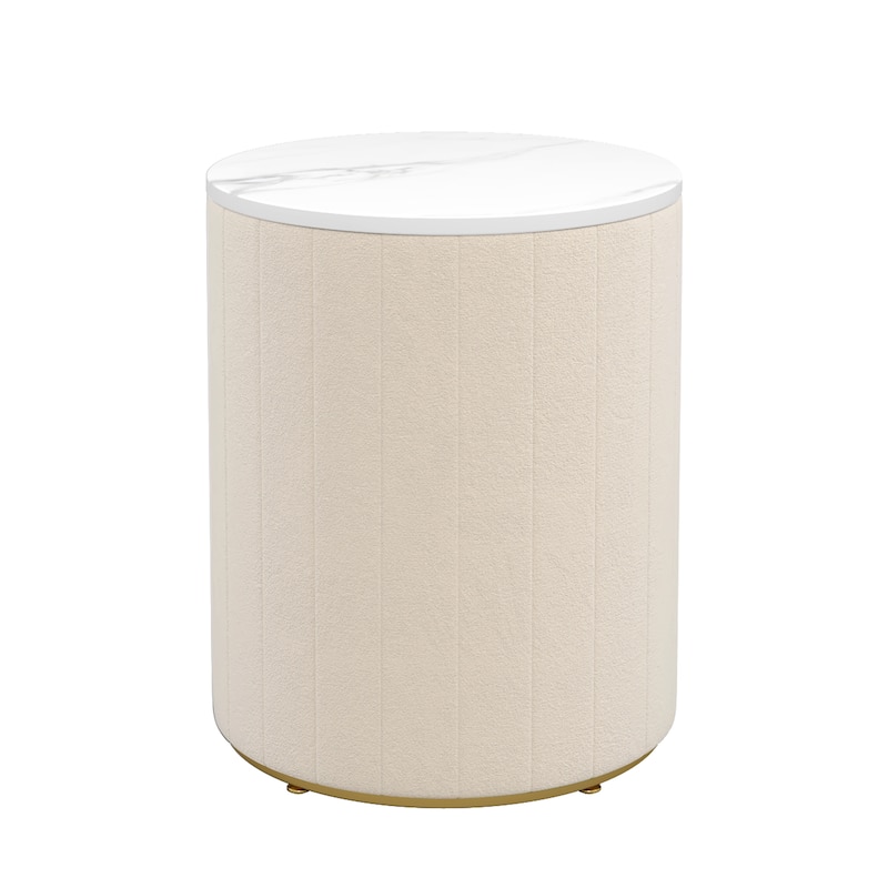 Round Upholstered Nightstand with 3 Drawers and Metal Handles
