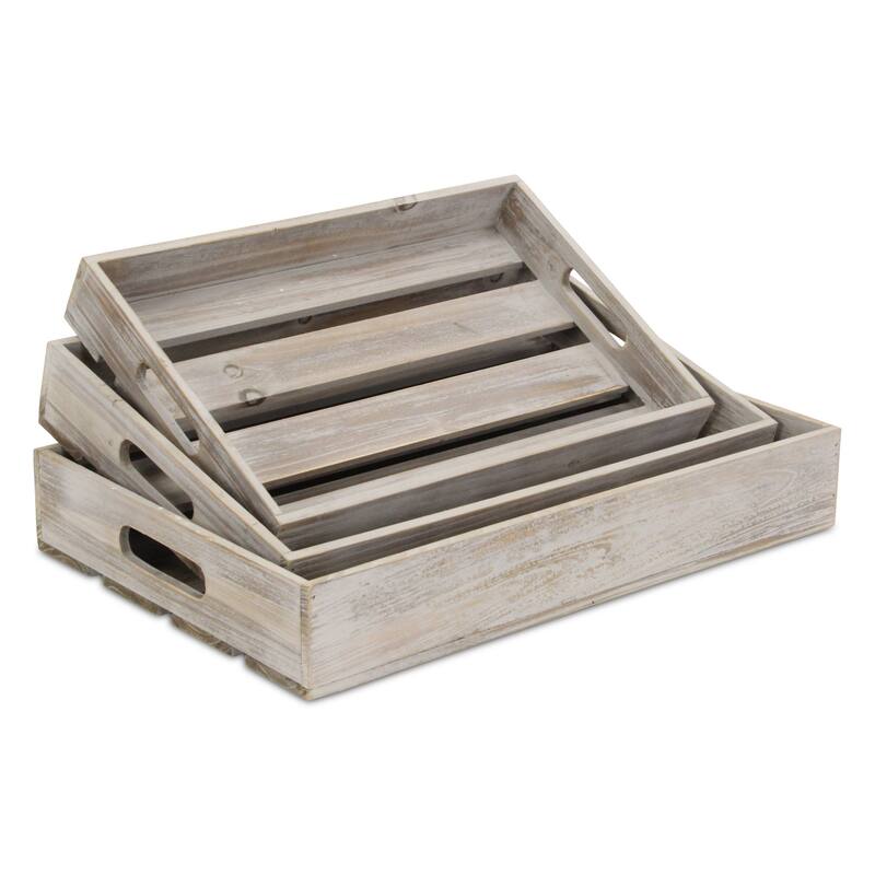 HomeRoots 19" Gray Rectangular Wood Handmade Tray With Handles