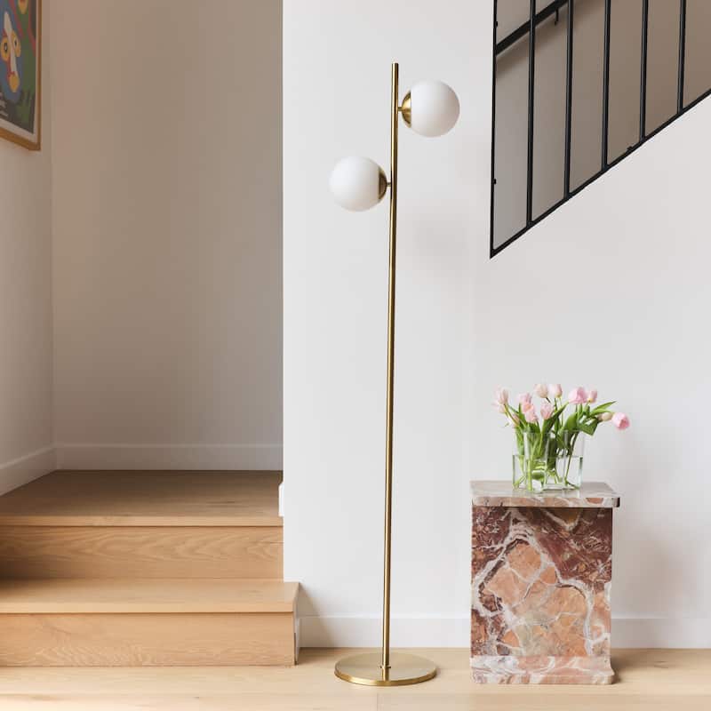 Brightech Sphere 65 in. Antique Brass Modern 2-Light LED Super Bright Floor Lamp with 2 Frosted White Glass Globe Shades