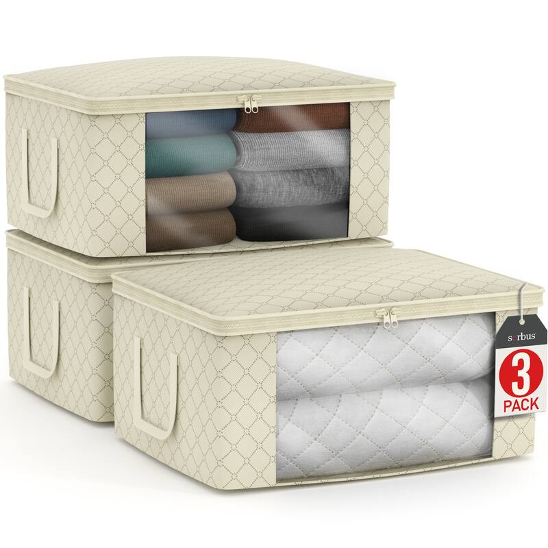 Sorbus Foldable Storage Bag Organizers, Large Clear Window & Carry Handles (3 Pack, Beige) - Beige