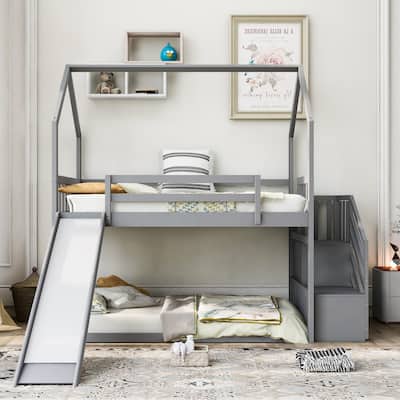 Twin Size Wood House Bunk Bed with Convertible Slide and Storage Staircase, Solid Pinewood Twin over Twin Bunk Bed Frame