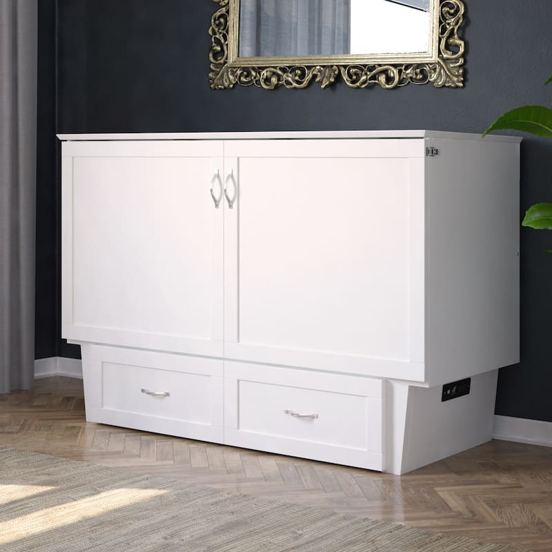 Monroe Queen Murphy Bed Chest with 6" Mattress, Storage Drawer & Built-In Charger in White