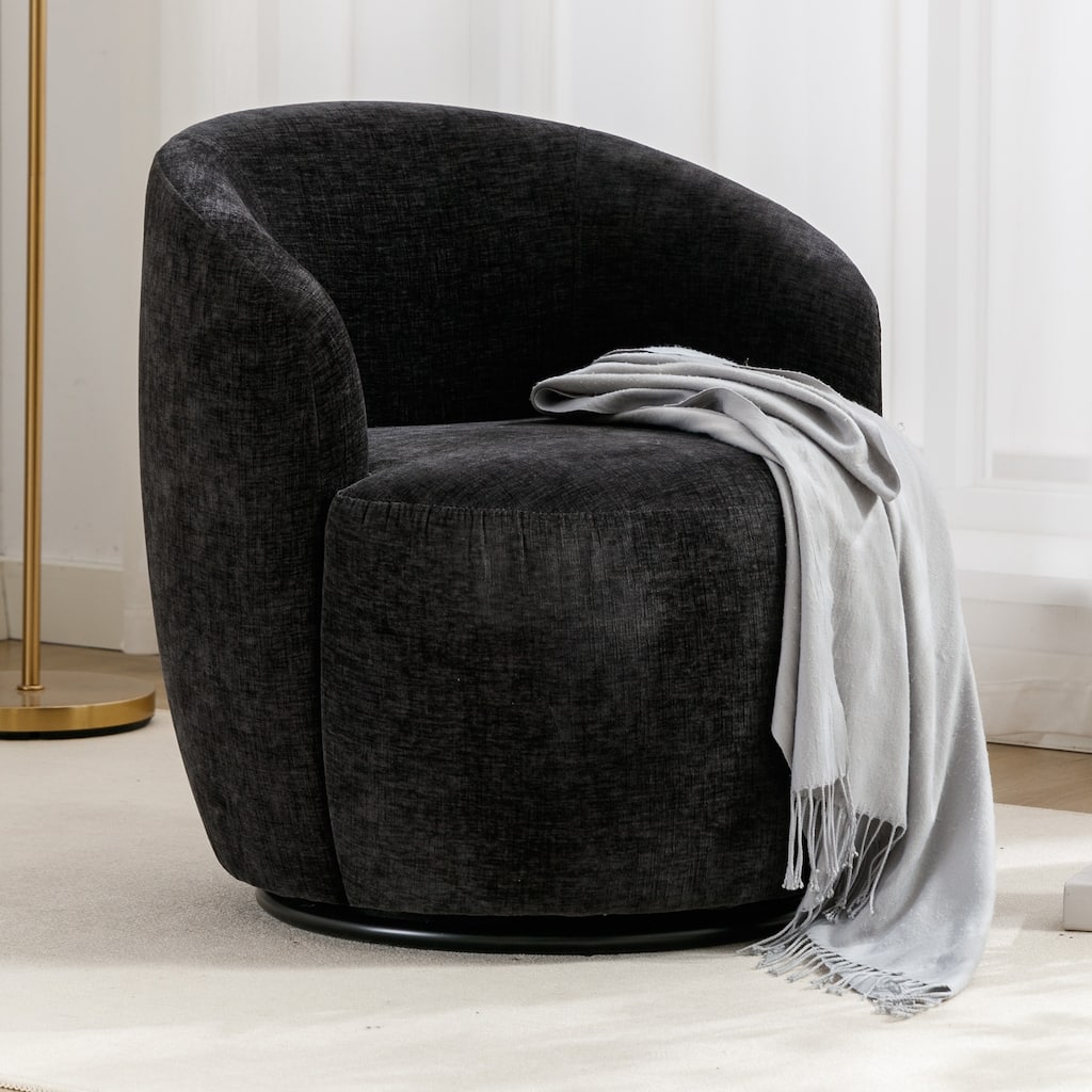 Black Chenille Modern 25.6" Upholstered Swivel Barrel Chair with Black Powder Coating and Metal Ring