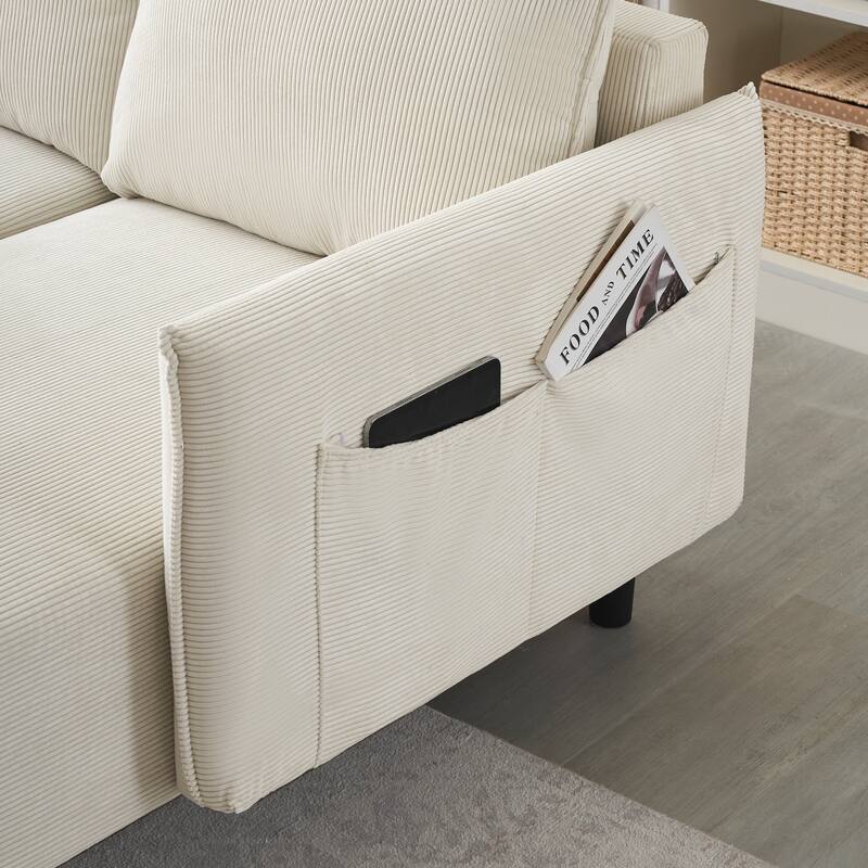 79.50 inches long, Corduroy Sofa Fabric, with three matching pillows and spacious and comfortable seats