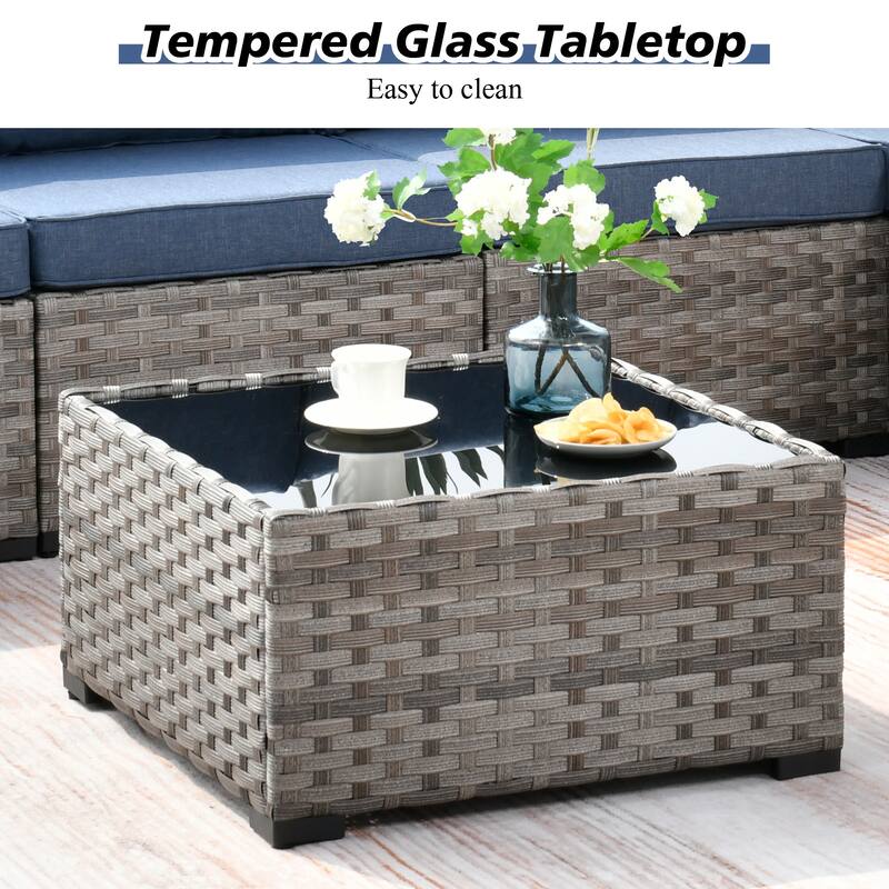 HOOOWOOO 9-piece Wicker Outdoor Modular Wide Armrest Sectional Set Fire Pit Set
