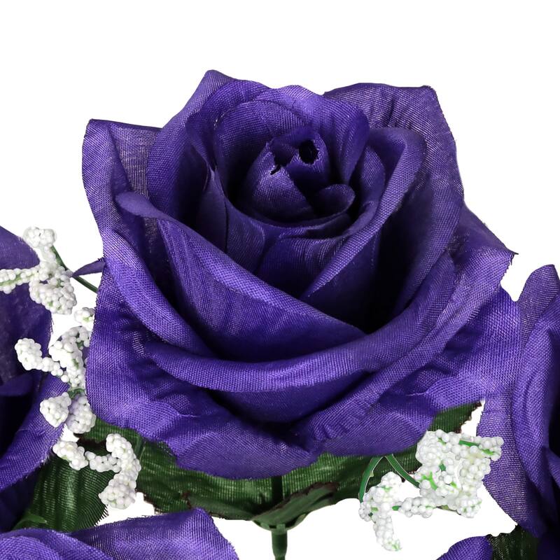 Set of 12 Dark Purple Artificial Open Rose Flower Stem Bush Bouquet 14in - 14" L x 7" W x 7" DP