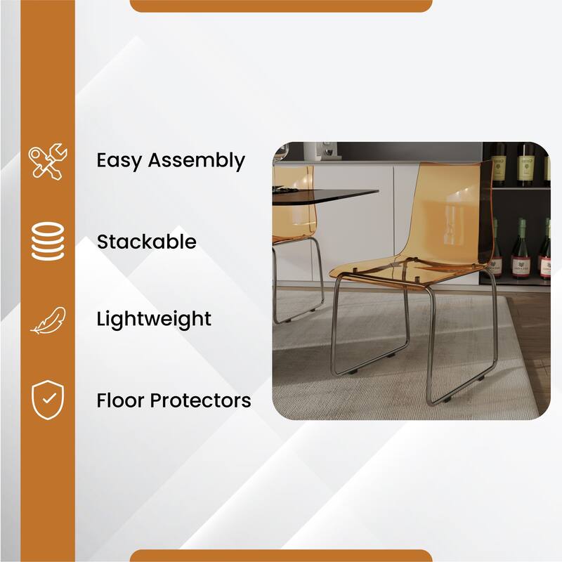 Lima Modern Contemporary Transparent Stackable Acrylic in Chrome Steel Dining Accent Side Chair Set of 2