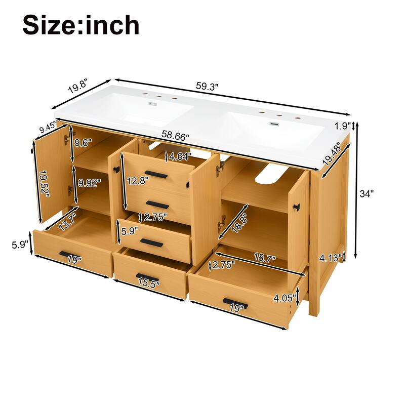59.3" Double Sink Bathroom Vanity, Solid Wood Frame Vanity Cabinet, Double SMC Resin Sink - 59.3 Inch