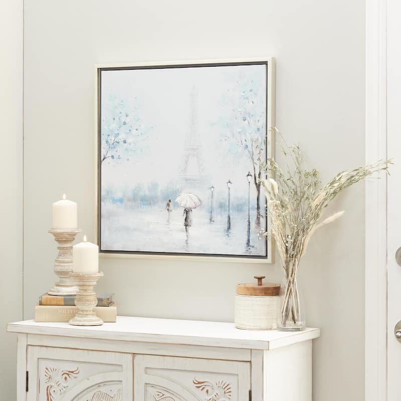 Canvas Eiffel Tower Living Room Framed Wall Art with Silver Frame - Blue - Roche River Decor
