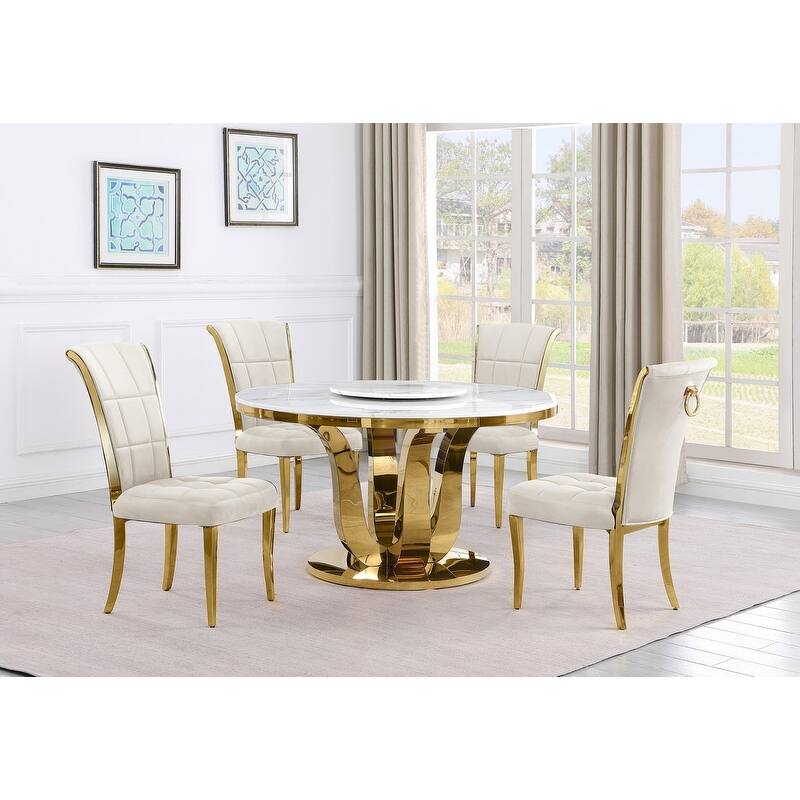 Best Quality Furniture D325-SC324-7 5 Piece Round Dining Set - Cream / Gold