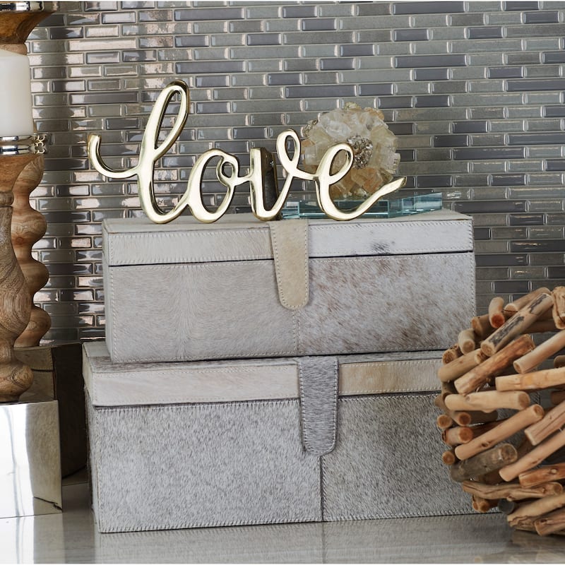 Gray, Silver or Gold Leather Handmade Cowhide Storage Box with Silver Foil Accents (Set of 2)