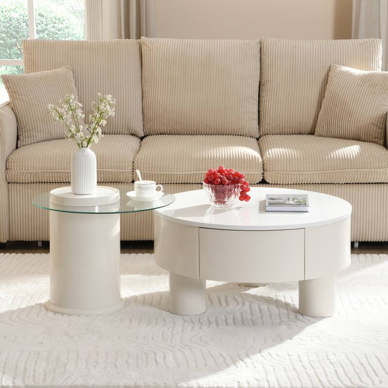Nesting Coffee Table Set of 2, Round Coffee Table with Drawer, Circular Wood Center Table Set - Off White