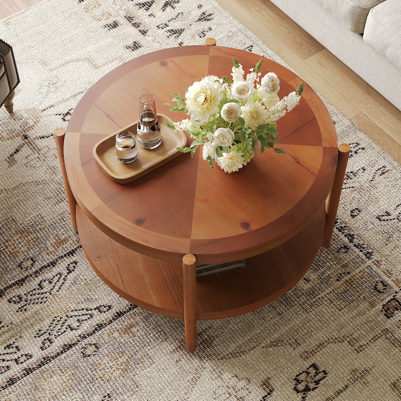 31.5" Solid Wood Round Coffee Table with Storage Shelf