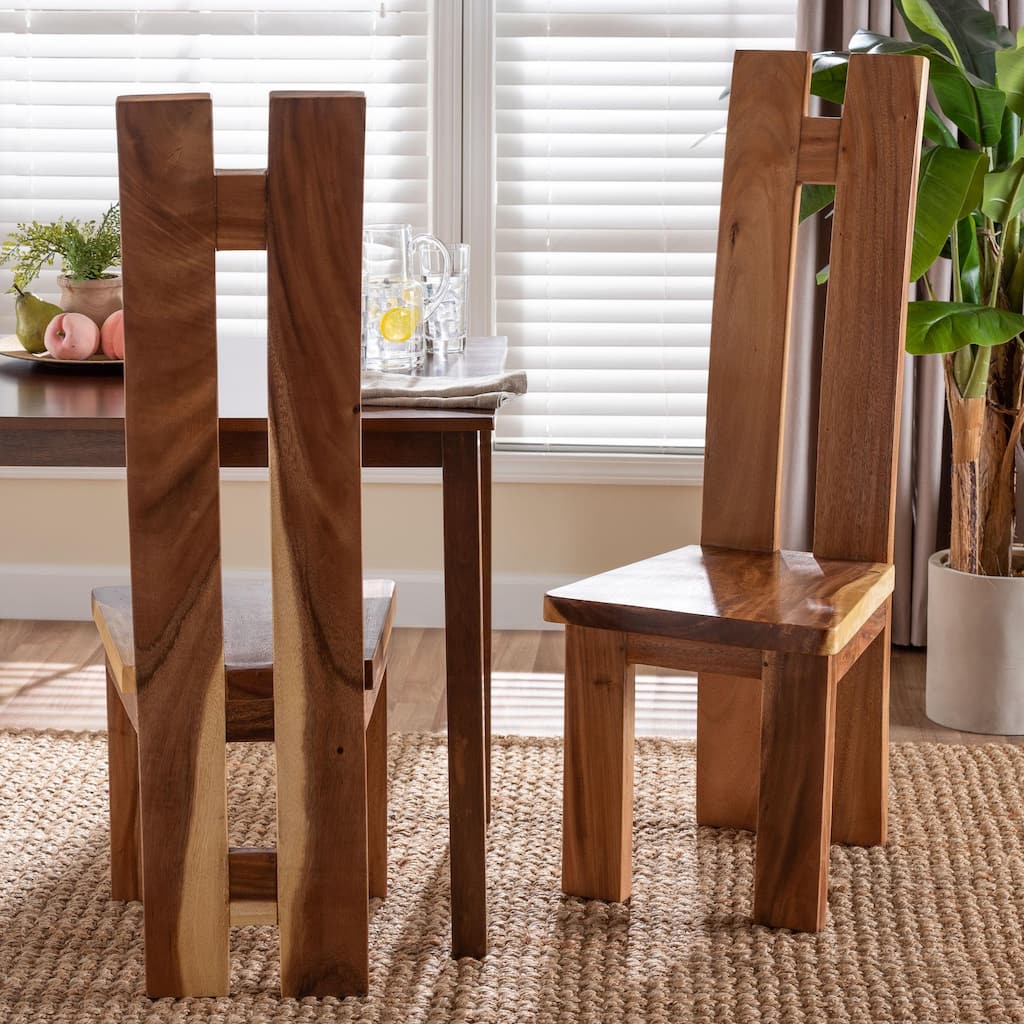 Lin Suar Wood Dining Chair Set of 2 - Handcrafted Solid Wood Chair with Natural Grain Pattern, Rustic Modern Accent Seating