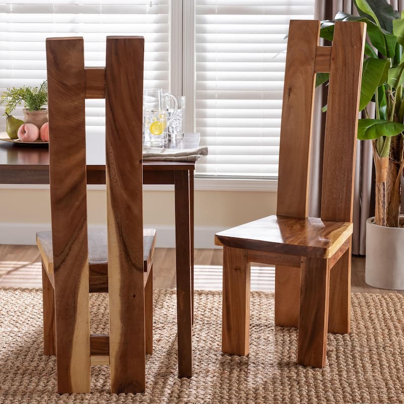 Lin Suar Wood Dining Chair Set of 2 - Handcrafted Solid Wood Chair with Natural Grain Pattern, Rustic Modern Accent Seating