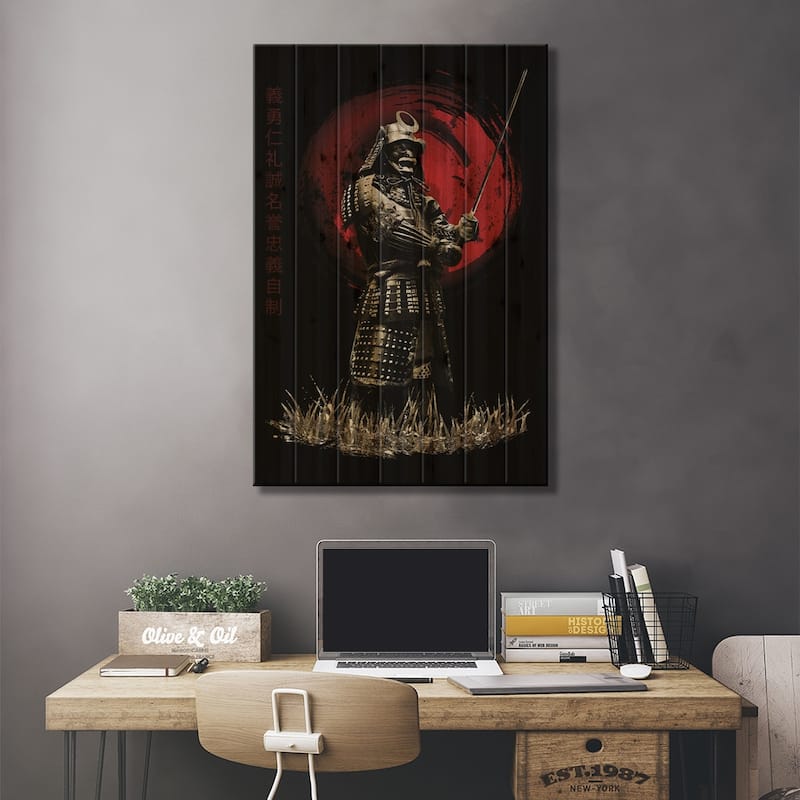 Bushido Samurai Standing Strong Print On Wood by Cornel Vlad - Multi-Color