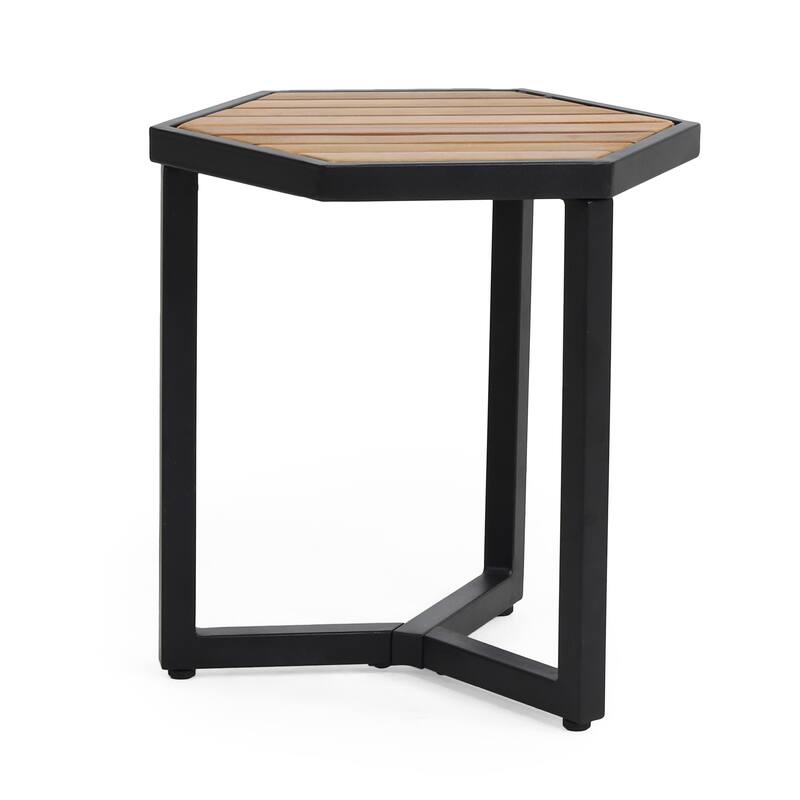 Roomfitters Outdoor Accent Side Table with Durable Metal Base and Teak-Style Surface, Beige