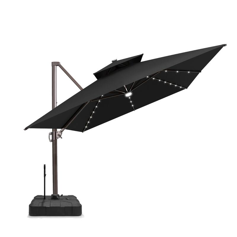 10 X 13 FT Outdoor Patio Cantilever Umbrella with Solar Lights Rod Wheel Base Double Canopy 360 Rotation Tilt
