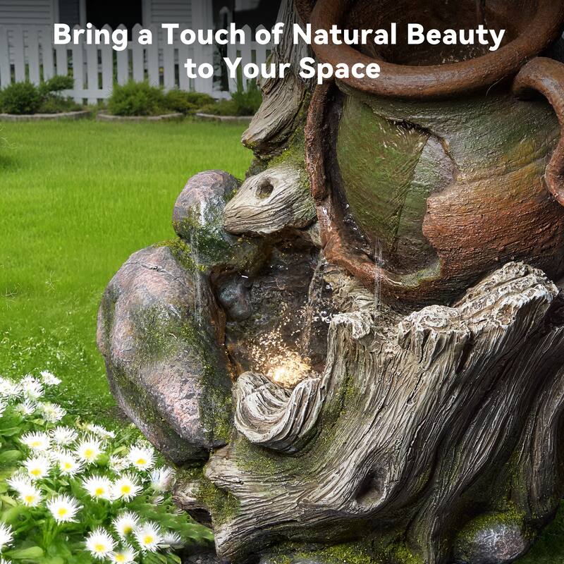 Vbal Outdoor Water Fountain with LED Lights – Weather-Resistant Faux Wood Tree Trunk Design