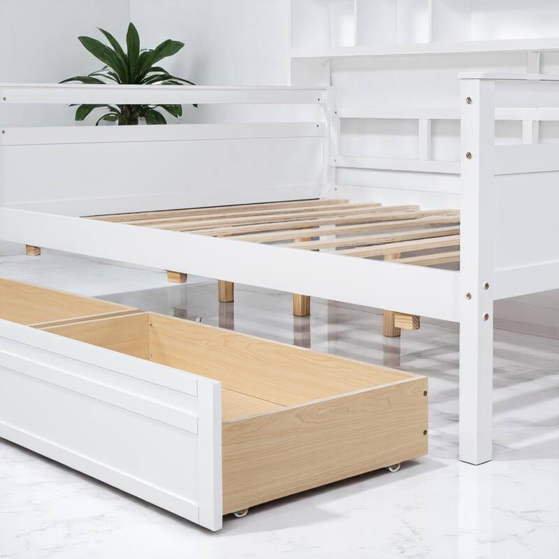 Wooden Twin/Full Daybed with 2 Storage Drawers and Bedside Shelves, No Box Spring Needed, Modern Design
