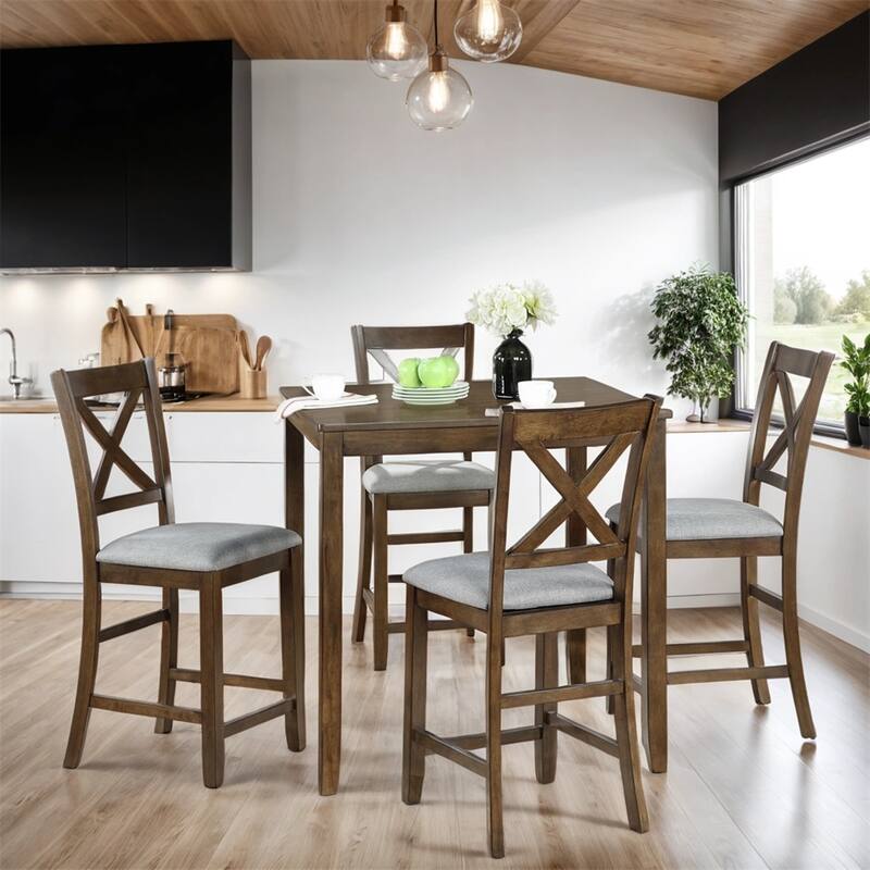 5-piece Wood Dining Counter Height Table and Chair Set - Walnut