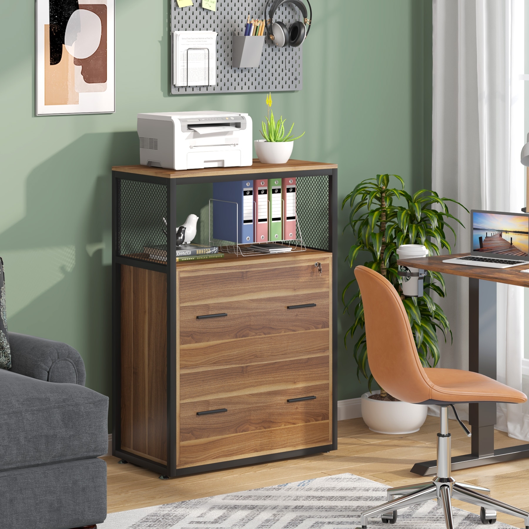 Walnut/ Black 2 Drawer Lateral File Cabinet with Open Storage Shelves, Industrial Filing Cabinet Printer Stand