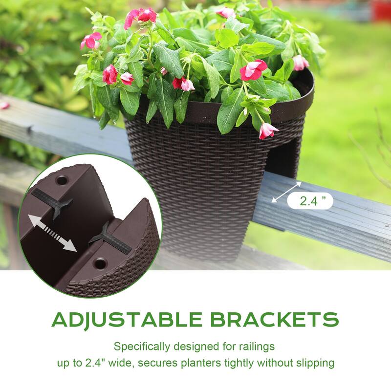 Aoodor 12'' Balcony Rattan Pattern Railing Planter Box with Drainage Holes and Adjustable Brackets-Set of 4 - 12''×11''