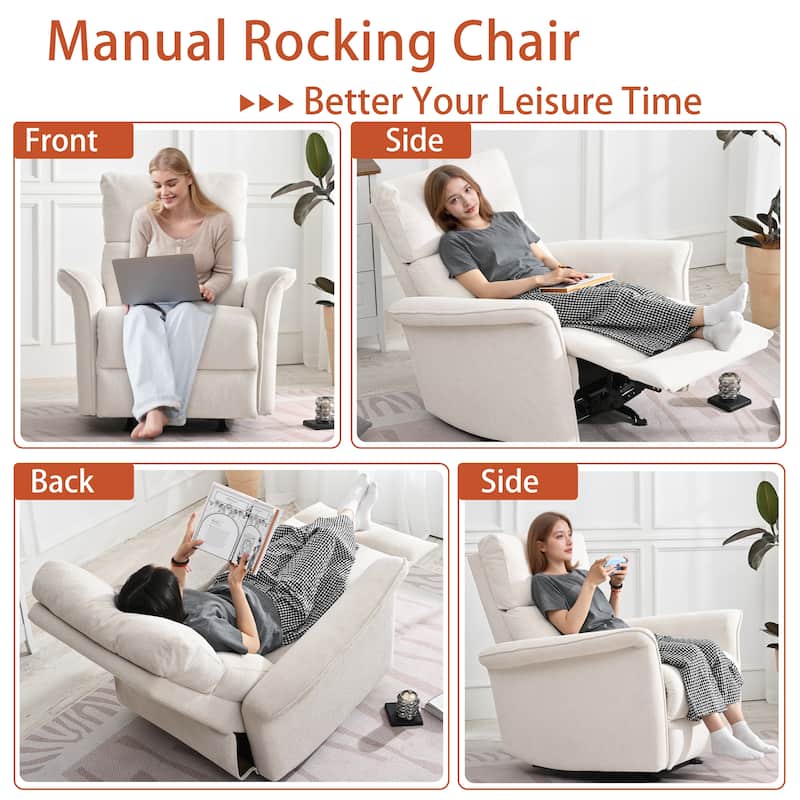 Manual Rocker Recliner Chair, Fabric Upholstered Rocking Chair, Lounge Recliner with Pull Ring for Bedroom, Living Room