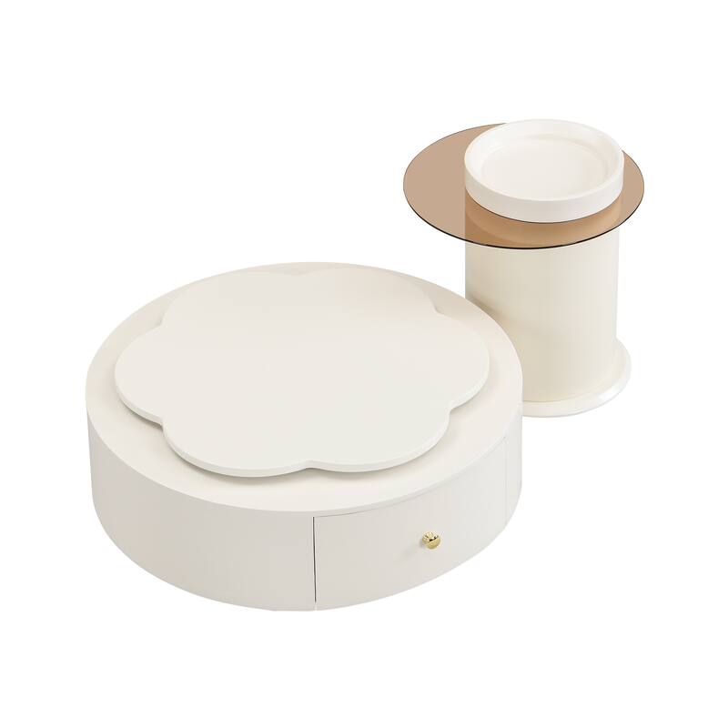 Round Coffee Table Set of 2, 360-Degree Rotatable Flower-Shaped Top Table with 2 Drawers, Glass Top Side Table End Table