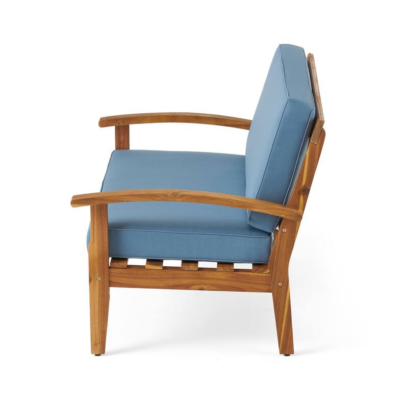2-Piece Wood Outdoor Patio Loveseat with Coffee Table and Blue Cushion