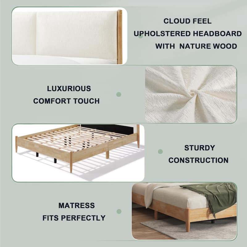 Christopher Knight Home - Elara Damare Queen Bed with Solid Rubberwood Frame, Boucle Upholstered Headboard
