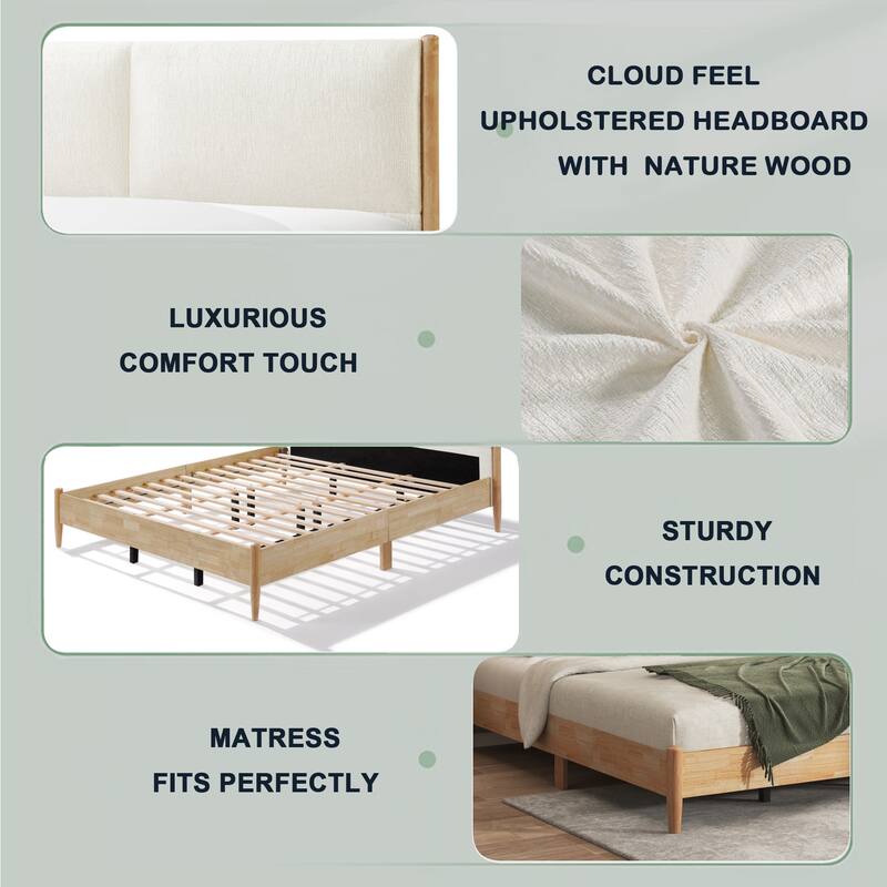 Roomfitters Queen Platform Bed Frame with White Upholstered Headboard, Mid-Century Modern Solid Wood Mattress Base, Natural