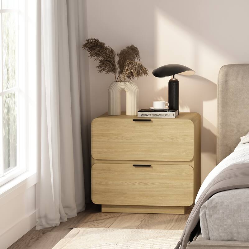 Modern Nightstand with 2 Drawers Wood Grain Texture Metal Pulls