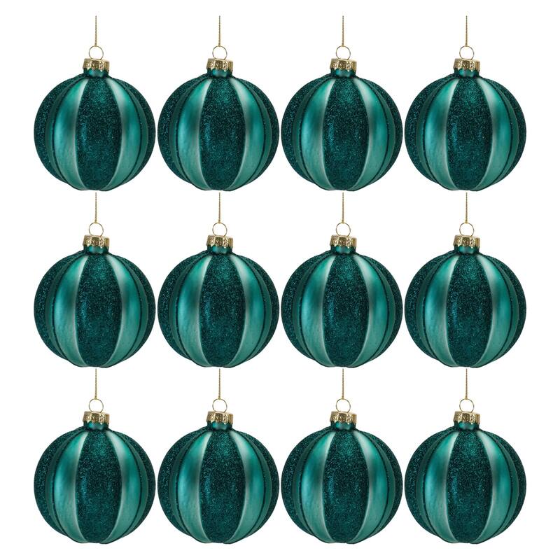 Ribbed Glass Christmas Ball Ornaments - 4" (101.6mm) - Blue and Green - 12ct