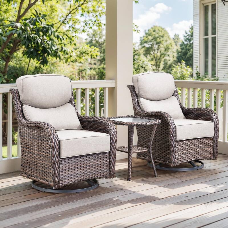 Outdoor Swivel Glider Rattan Chair Set - 3PCS Swivel Chair with Side Table - Brown Rattan - Beige Cushion