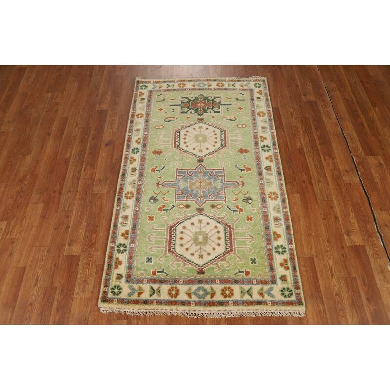 Light Green Geometric Khotan Indian Foyer Rug Hand-Knotted Wool Carpet - 2'11"x 5'0"