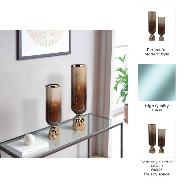 Glass Sculpted Base Hurricanes - Set of 2 - Brown, 20" - 23.0"