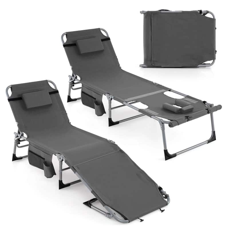 Goplus 2 PCS Outdoor Folding Chaise 5-Position Lounge Chair with - See Details - Gray