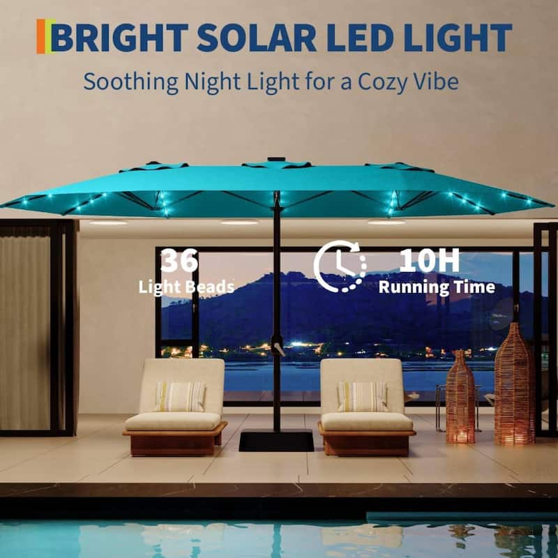 15FT Double-Sided Patio Umbrella with with LED and Base Included for Pool Lawn Garden